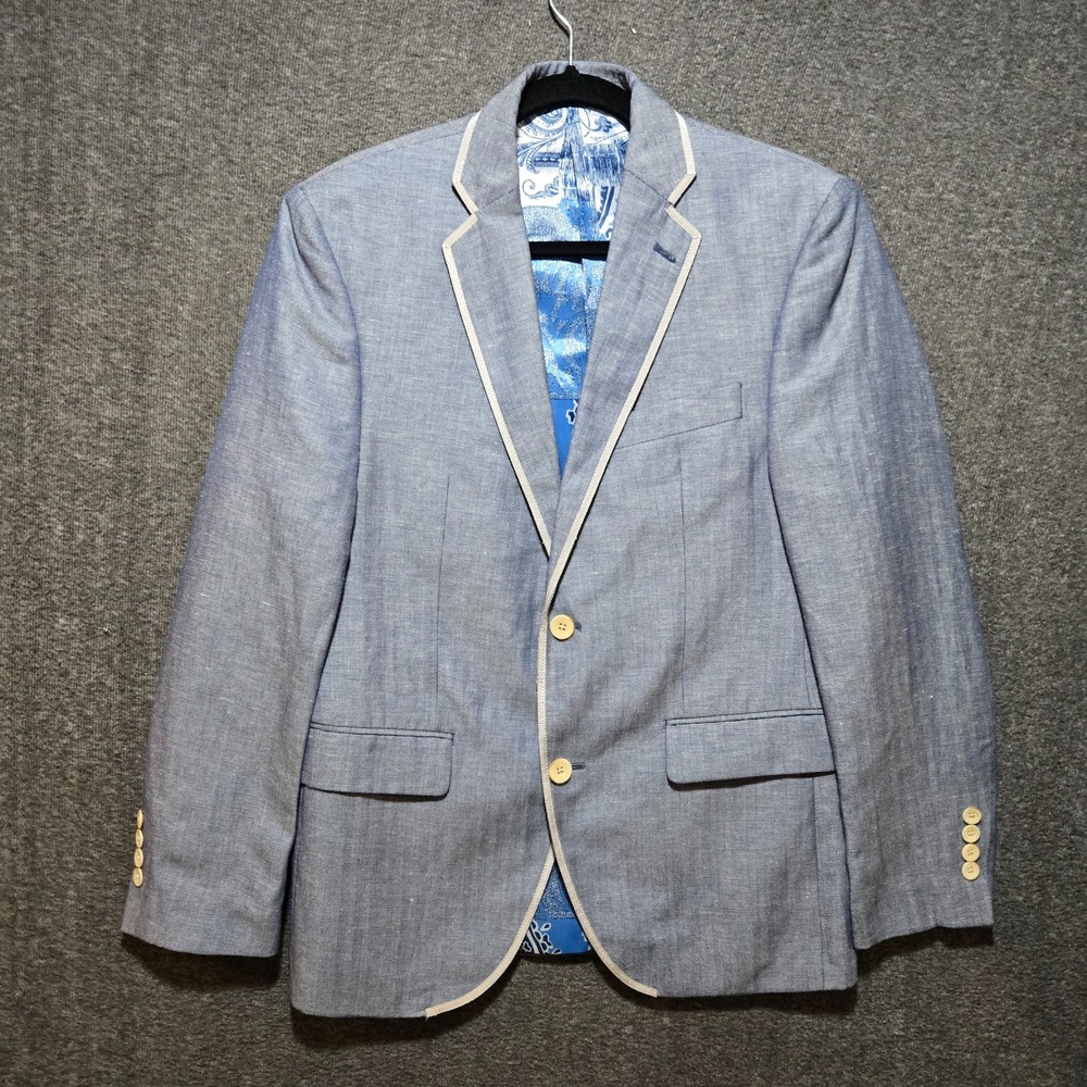 Tallia Blazer Mens 36S Blue Linen Herringbone Sport Coat Two Button Suit Jacket